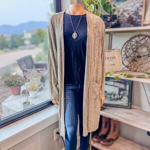 Nine West Beige White Long Open Cardigan Sweater w/ Pockets, Fall, Women's Large